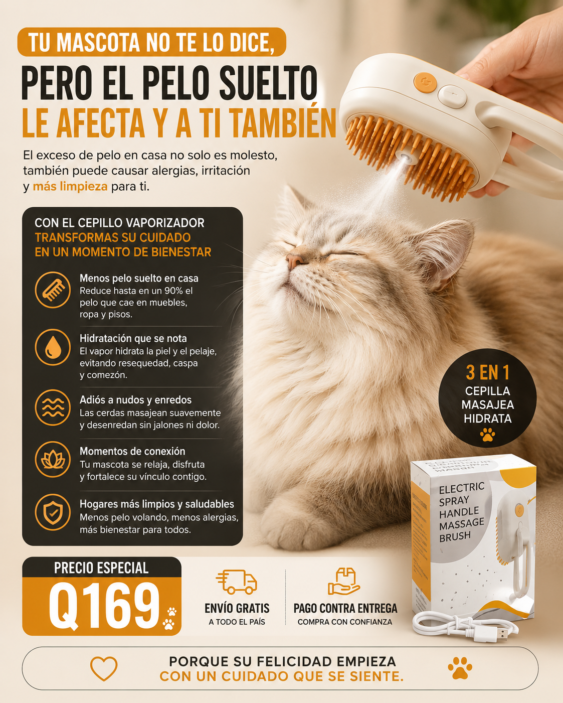 CEPILLO VAPORIZADOR® 3 en 1 para mascotas